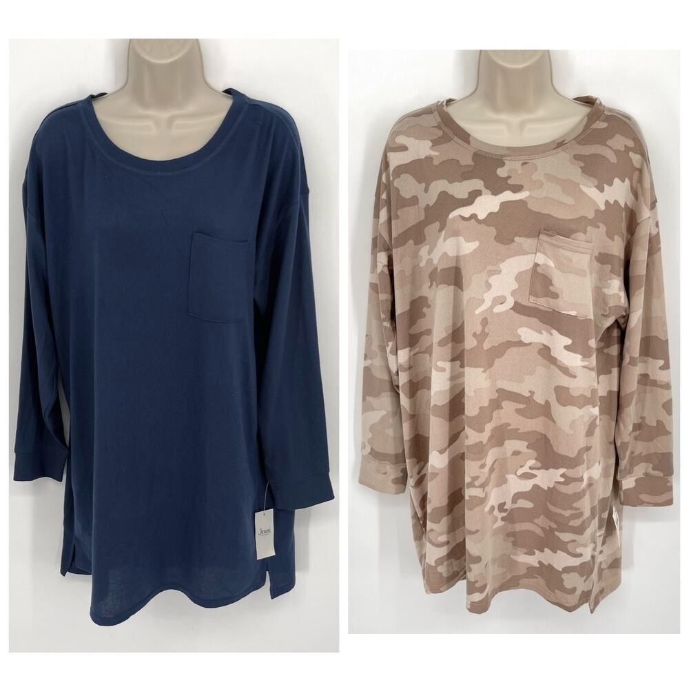 Jenni NEW Women's 2 Pack Bundle Sleep Shirts Size L Toffee Candy Camo, Navy Sail